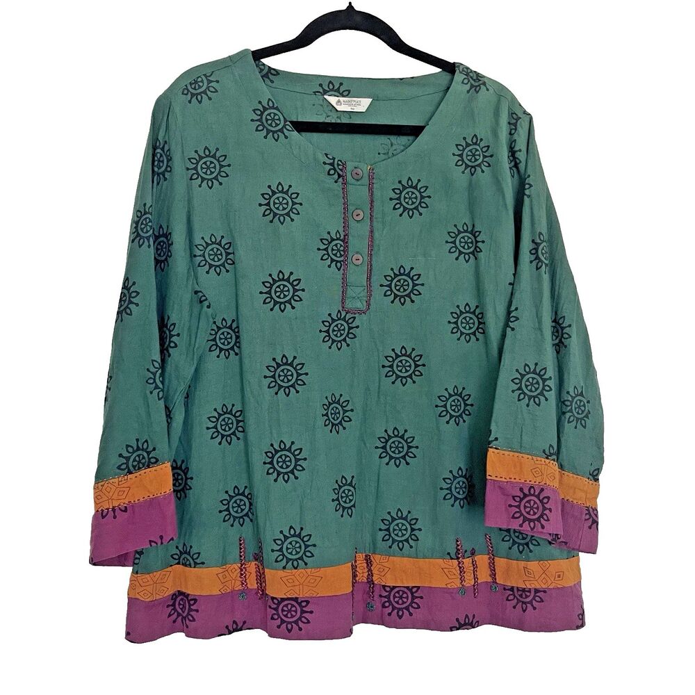 Marketplace Hand Work Of India Multicolor Geometry Blouse Cotton Linen Size 1W